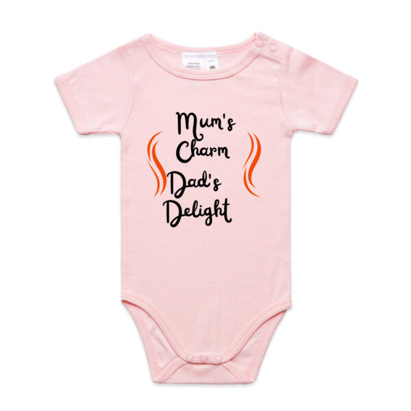Mum's Charm, Dad's Delight Short Sleeved t-shirt. - AS Colour Organic Infant Mini-Me One-Piece Thumbnail